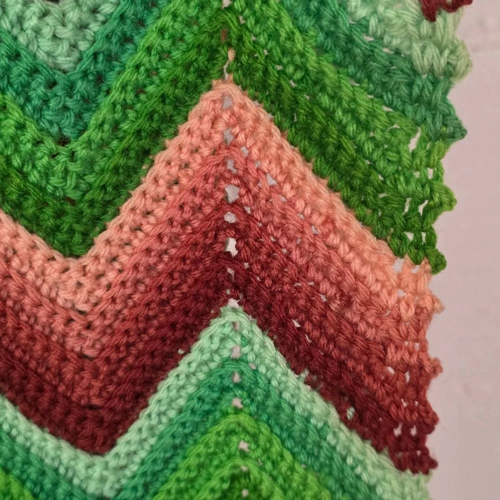 Handmade Crochet Chevron Afghan Blanket Earth Tones Green Raspberry Throw 44x68